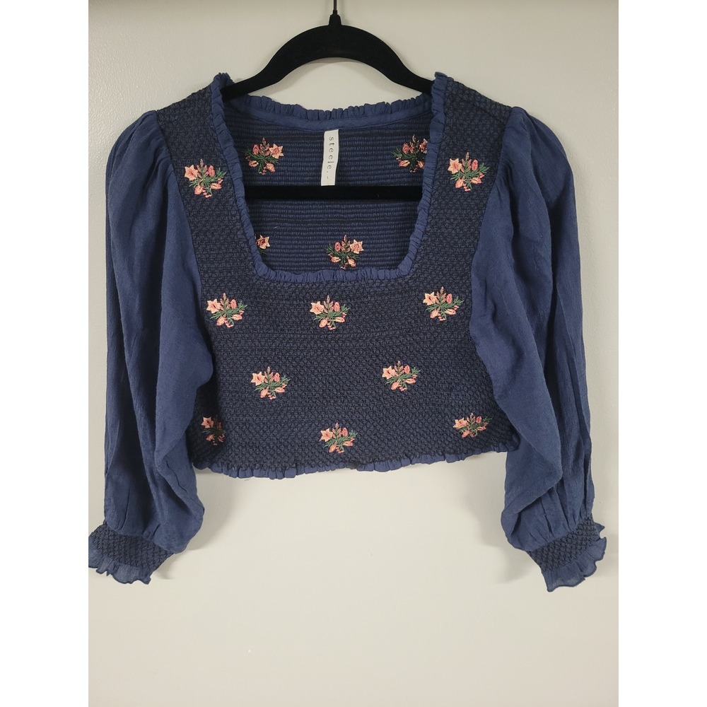 Anthropologie Steele Floral‎ Embroidered Smocked Crop Top Square Neck Blue L